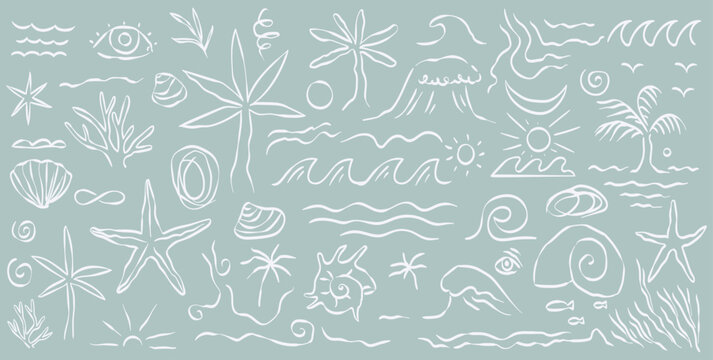 Hand drawn doodle beach and summer boho vector illustrations. Ethnic naive coastal elements. Palm tree, waves, starfish, sea shell and sun with zigzag wavy ornament. T-shirt, poster or placard prints.