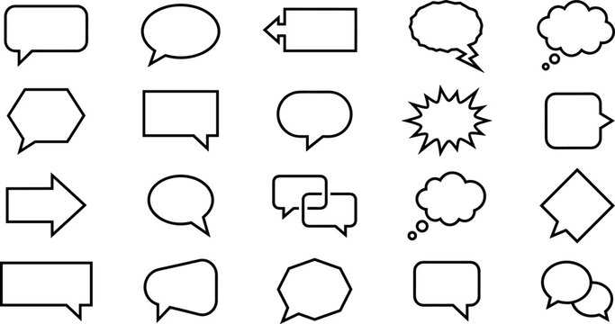 chat message and speech bubble line icons set, communication dialog conversation comment reply talk discussion thought arrow and chatbox symbols vector outline icon collection isolated on transparent