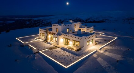 Fototapeta premium Luxury Mountain Home at Night with Illuminated Pathways - Winter Landscape