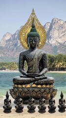 Fototapeta premium Serene Black Buddha Statue on Tropical Beach with Mountain View