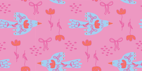 Folk style birds and wild flowers seamless pattern for romantic coquette themed stationery and fabrics
