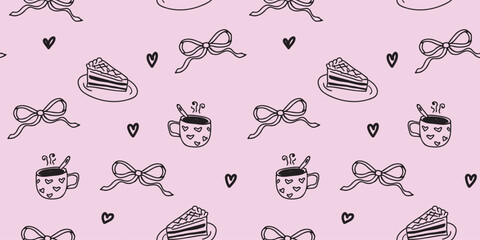 Romantic Coquette Pattern with Chocolate Cake Slices Pink Bows and Hearts