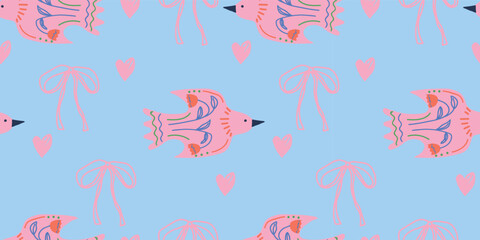 Ornate folk birds with floral wings and hearts pattern on pastel blue for bohemian nursery decor