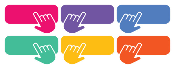 Obraz premium Colorful Click Buttons Vector Set, Six Vibrant Web Elements with Hand Cursor Icons, Interactive UI Design Assets for Websites and Apps, Modern Digital Interface Components