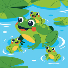 Obraz premium green frog stay on the pond amphibian toad cartoon print illustration vector clipart and line art colouring book for kids drawn hand drawn.