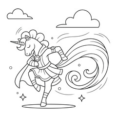 Fototapeta premium Unicorn cute superhero character flying with cape in dynamic pose line art coloring page