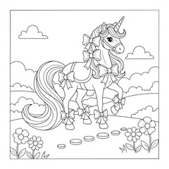 Naklejka premium Unicorn cute character with ribbon bows walking in nature line art coloring page
