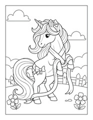Naklejka premium Unicorn cute character with bow and flowing mane in garden line art coloring page