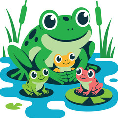 Fototapeta premium frog stay on the river cartoon print illustration vector clipart and line art colouring book for kids hand drawn.