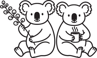 two koalas sitting with eucalyptus leaf and coffee cup © GraphicGrove