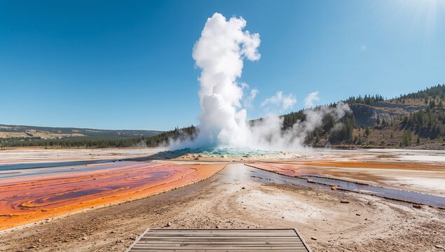 Vibrant Geyser Eruption in Yellowstone National Park During Daytime