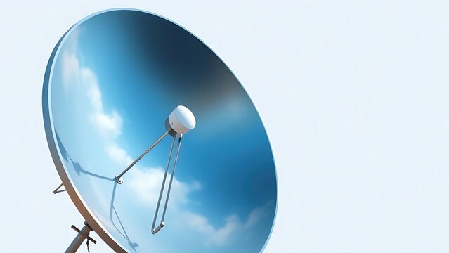 Satellite dish parabolic curve reflecting blue sky with clouds on a simple background. 