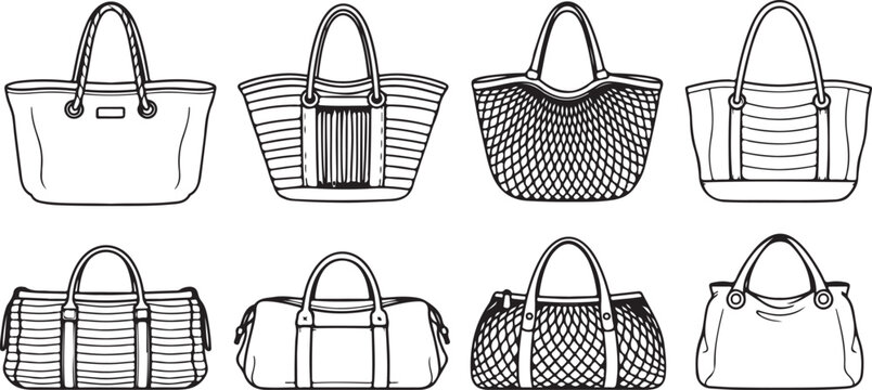 Various styles of handbags and purses illustrated in simple line drawings Vector