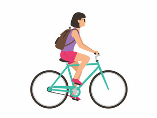 Obraz premium Woman Riding Bicycle with Backpack Isolated on White Background