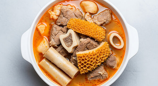 A bowl of korean short rib soup with bone marrow and vegetables in a spicy broth on a table
