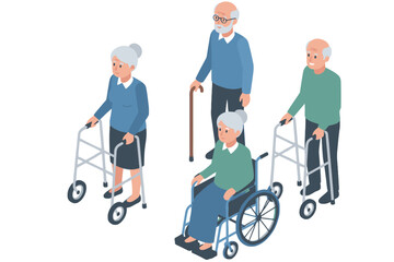 Obraz premium Senior people using wheelchair and walker mobility equipment isometric