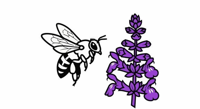 A black and white drawing of a bee flying towards a purple flowering plant