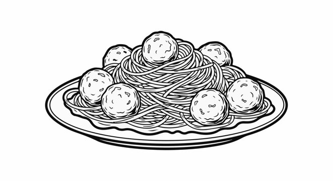 A black and white drawing of a plate piled high with spaghetti and meatballs