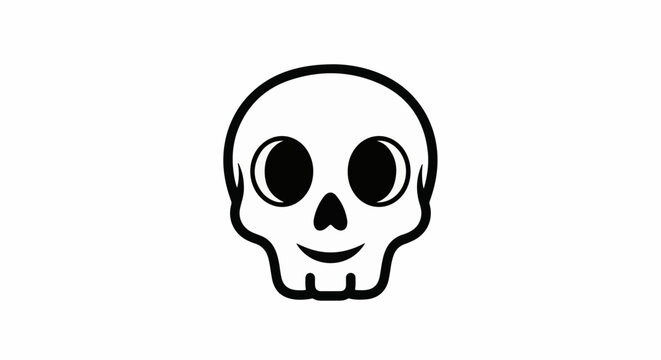 A black and white illustration of a cartoon skull with large circular eyes and a smiling mouth