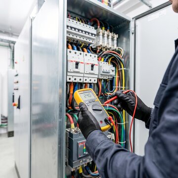 Electrician inspecting control cabinet with digital multimeter