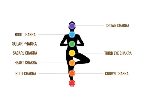 Human silhouette in yoga tree pose with seven chakra points