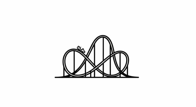 A black and white illustration of a roller coaster with a single cart