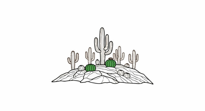A desert landscape featuring various cacti on a rocky terrain