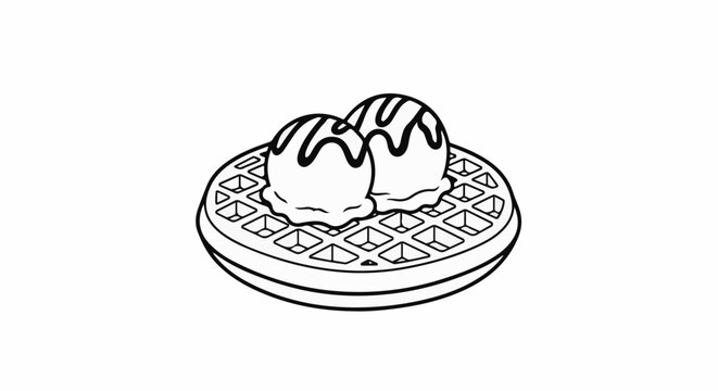 A line drawing of a round waffle topped with two scoops of ice cream with drizzle