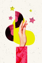 Composite 3D photo collage design trend sketch of huge hand up half vinyl music record event...