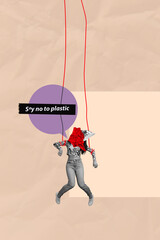 Sketch composite 3D photo collage trend artwork of broken doll woman body hang rope say no to...