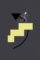 Vertical contemporary photo collage of anonym businessman instead head ball figurine run ladder...