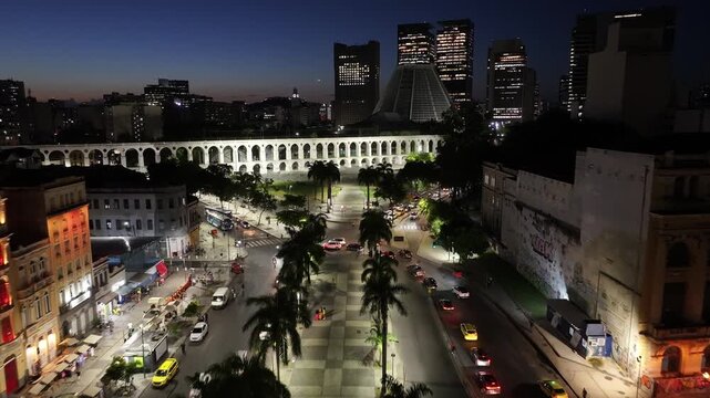Bows Of Lapa In Rio De Janeiro Brazil. Capturing The Hustle And Bustle Of A Vibrant City From Above. Building Industrial Skyline Company Building Busy. Sunset. Rio de Janeiro Brazil.