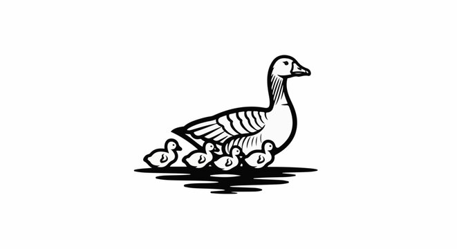 A goose leads a line of its ducklings across a dark surface