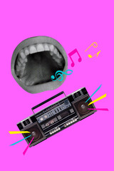 3D collage trend artwork composite sketch poster of big size mouth teeth smile boombox recorder...