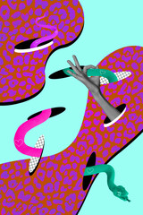 Vertical art 3d image photo cartoon comics sketch collage picture of arm catching snake ophidian...