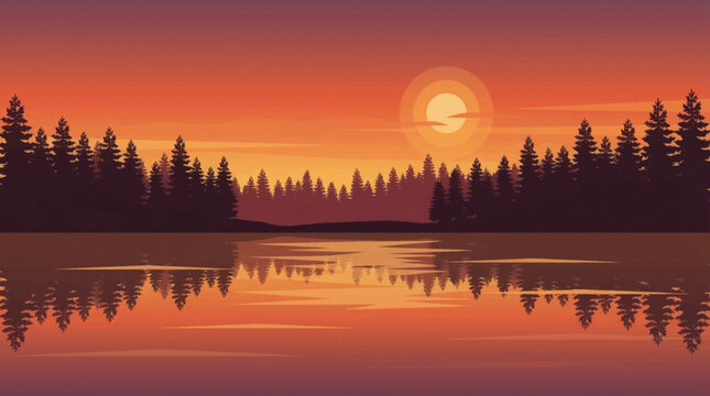 Sunset over calm lake water.