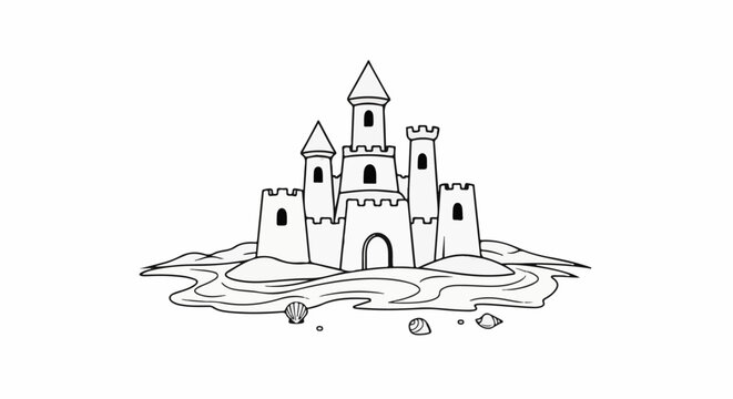 A whimsical sandcastle with towers and turrets sits on a beach