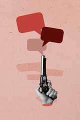Template poster trend artwork 3D photo collage of body fragment hand hold shooting gun attack...