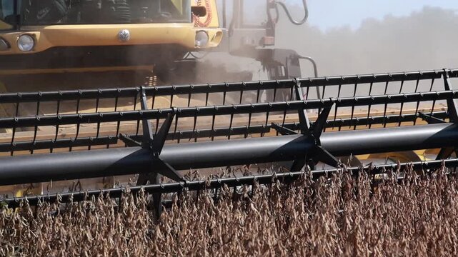 Slow Motion Combine Harvester Harvesting Soybeans in Agricultural Field