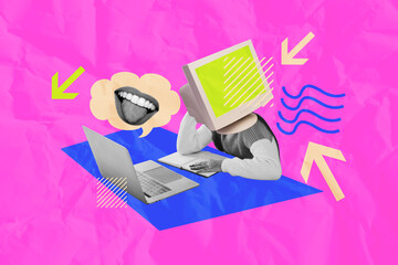 3D photo collage template trend artwork sketch of speech cloud mouth lips gossip abstract talking...