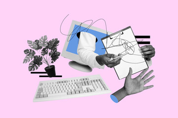 Art sketch image full 3d collage of human hands hold clipboard vacancy recruitment flower pot pc...