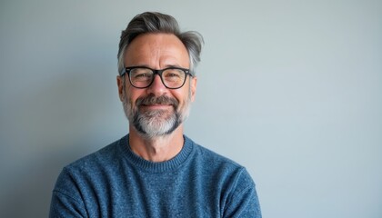 Obraz premium Mature european man with graying hair and beard wears glasses and blue sweater. He smiles gently against a plain gray backdrop. Person appears friendly and approachable.
