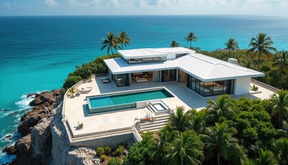 Fototapeta premium Modern villa with infinity pool rests on cliffside overlooking blue ocean. Palm trees surround luxury residence with sleek design. Sunny day brightens coast property with expansive sea views.