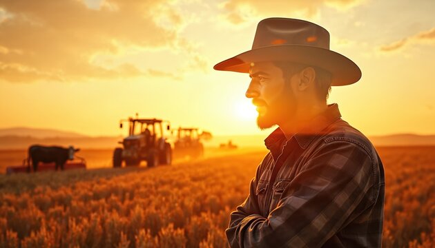 Farmer in hat watches tractors work field at sunset. Cow grazes nearby. Warm golden light illuminates rural scene, suggesting hard work and dedication in agriculture.