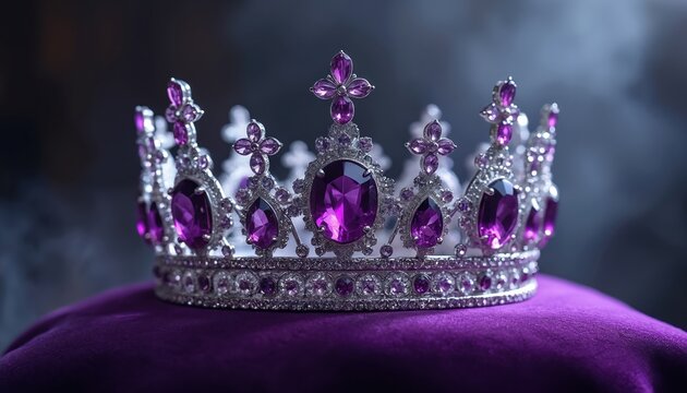 Silver crown with large purple gems sits on velvet cushion. Intricate metalwork sparkles with smaller diamonds. Fairytale princess or queen headpiece shines.