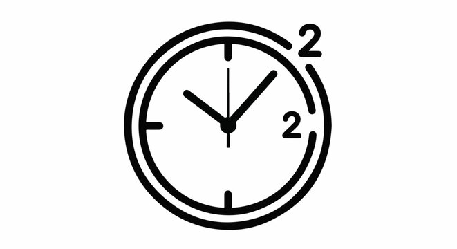 A simple black and white icon of a clock face with two hands and numbers