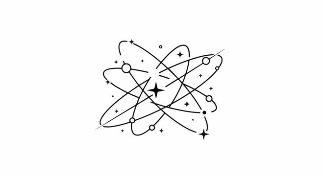 Abstract atomic structure with orbiting elements and stars