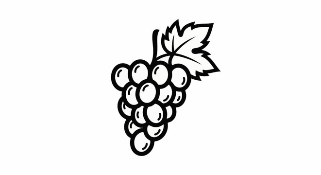 A simple black and white illustration of a bunch of grapes with a leaf