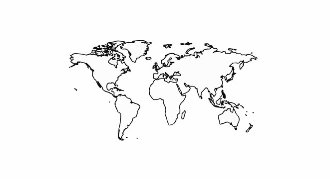 A simple outline map of the world with continents and islands drawn in black