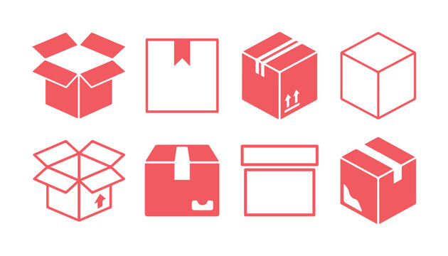 Shipping box vector icon set, red and white cardboard packaging, delivery and logistics symbols, isolated parcel collection for e-commerce and freight.